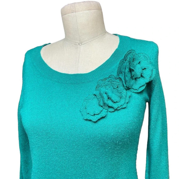 Escada Sport Floral Appliqué Wool Sweater Teal Green Size‎ Small - Picture 2 of 10